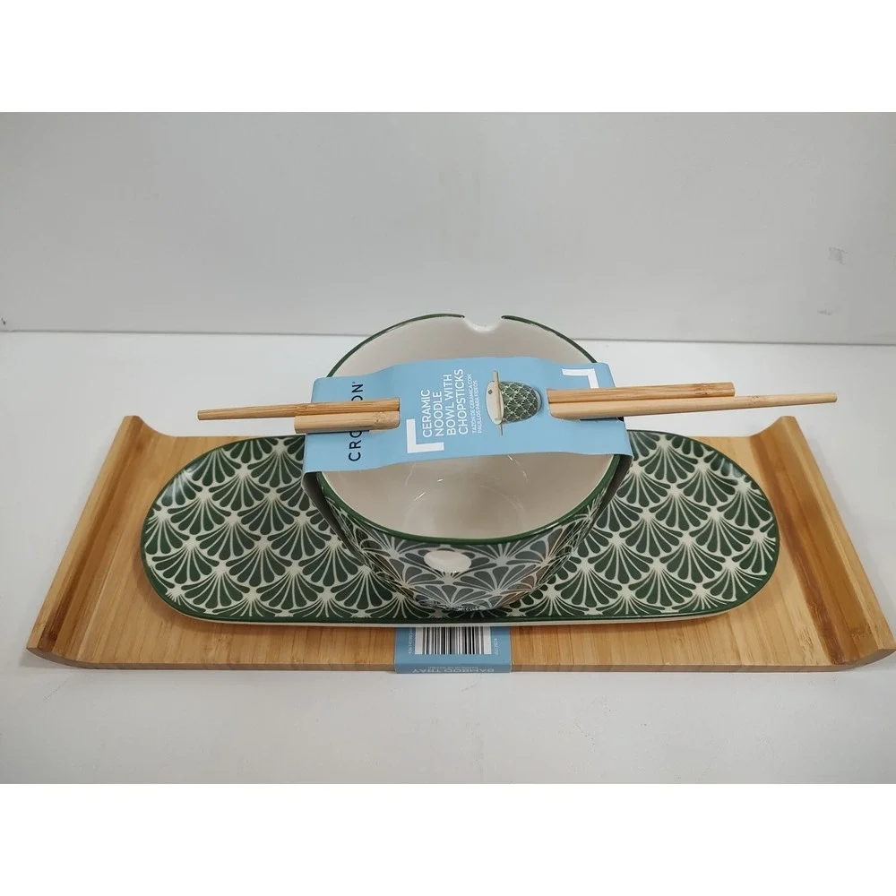 Crofton Stoneware Large Noodle‎ Bowl With Chopstick Holders+Tray+Bamboo Tray.